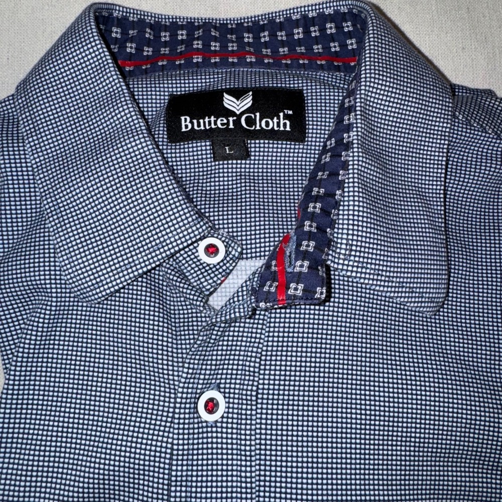 Butter Cloth Mens Navy White Micro Check Long Sleeve Button Down Shirt Large